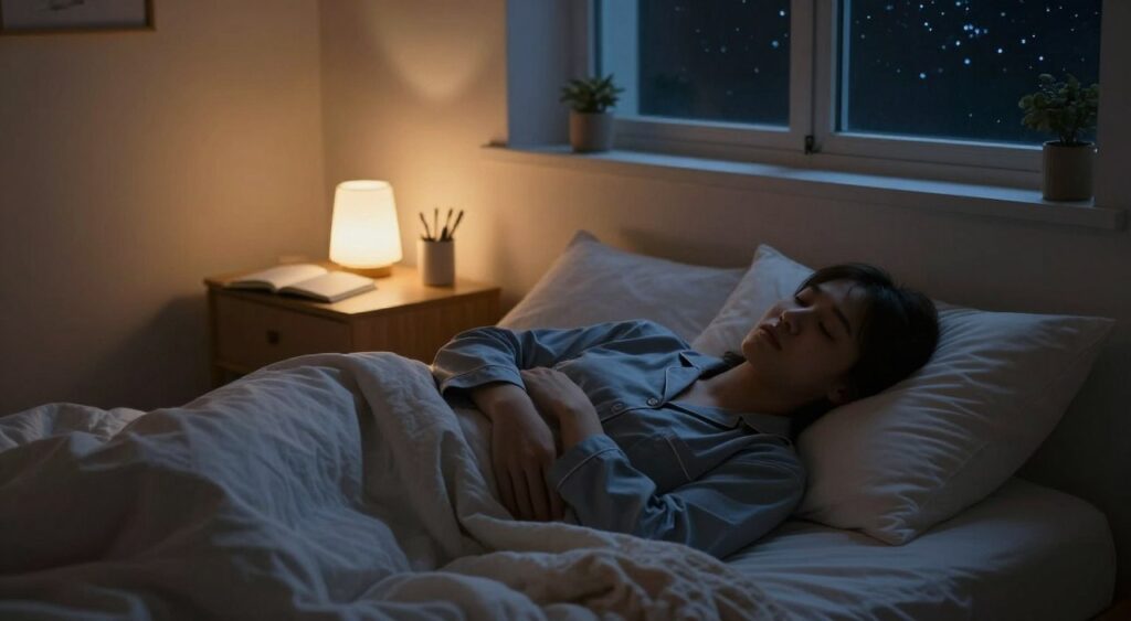 A serene bedroom scene at night, dimly lit by soft, warm lighting. In the foreground, a person in modest pajamas lies comfortably in bed, surrounded by plush pillows and a cozy blanket, eyes gently closed, embodying tranquility and restful sleep. The middle ground features a small bedside table with a glowing lamp and a journal opened, symbolizing the connection between sleep and personal growth. In the background, a window reveals a starry night sky, adding a sense of peace and calmness. The room is decorated with calming colors and minimalistic decor, enhancing a soothing atmosphere. Capture the feeling of stillness and comfort, with a focus on well-being and the importance of sleep as a foundation for personal development. A serene bedroom scene at night, dimly lit by soft, warm lighting. In the foreground, a person in modest pajamas lies comfortably in bed, surrounded by plush pillows and a cozy blanket, eyes gently closed, embodying tranquility and restful sleep. The middle ground features a small bedside table with a glowing lamp and a journal opened, symbolizing the connection between sleep and personal growth. In the background, a window reveals a starry night sky, adding a sense of peace and calmness. The room is decorated with calming colors and minimalistic decor, enhancing a soothing atmosphere. Capture the feeling of stillness and comfort, with a focus on well-being and the importance of sleep as a foundation for personal development.