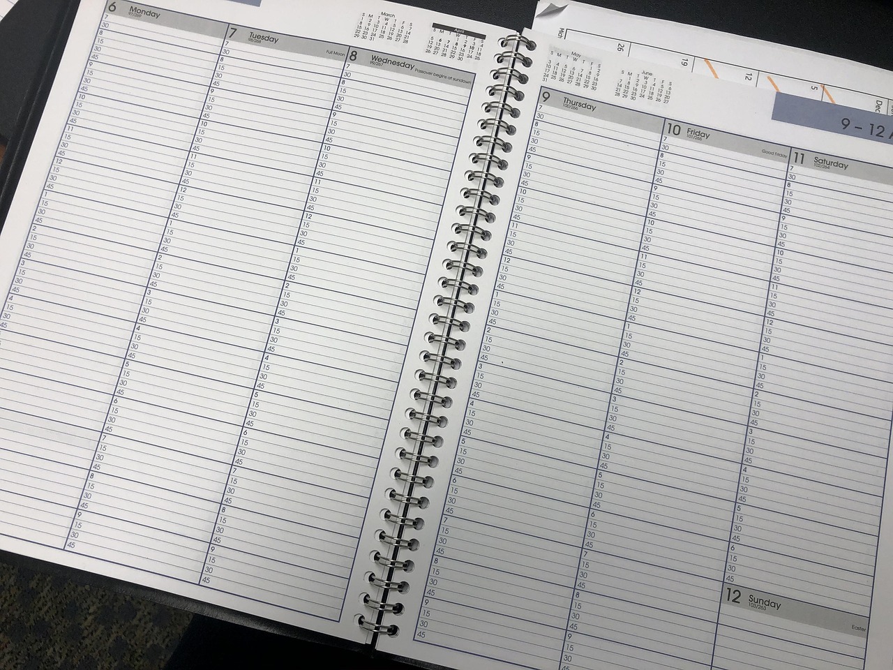 Weekly planner pages with hourly schedule Open weekly planner showing blank time slots from Monday March 6 to Sunday March 12